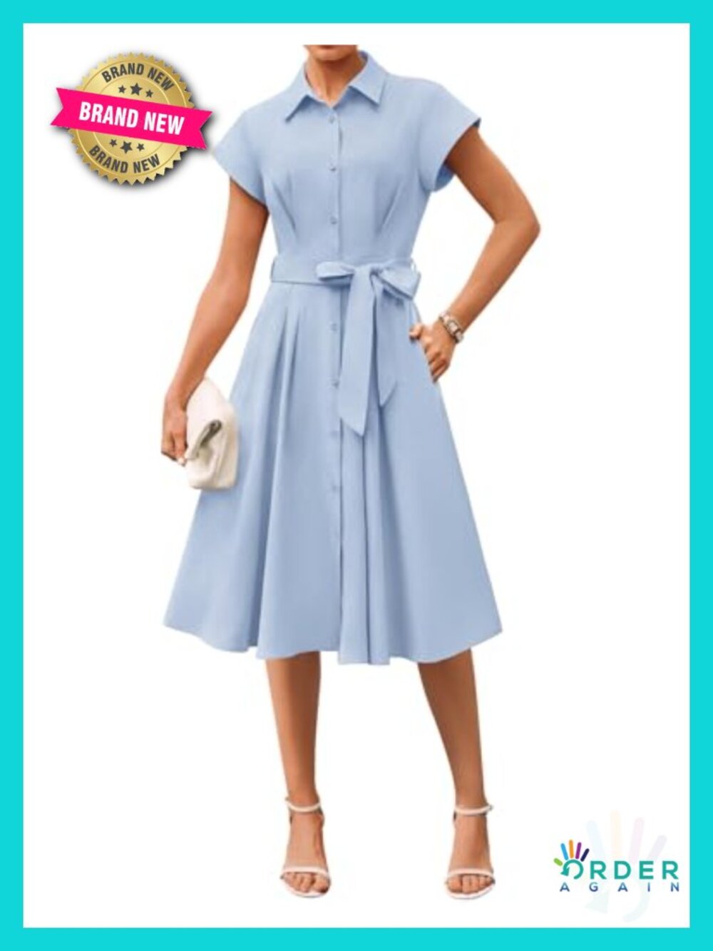Womens Business Casual Midi Shirt Dress Smocked Waist Belted